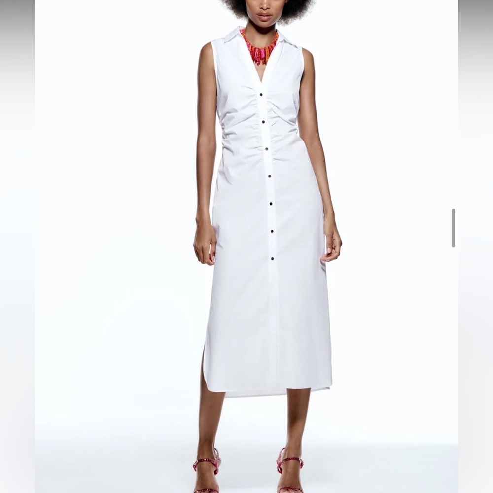 Zara White Sleeveless Button-Front Midi Shirt Dress